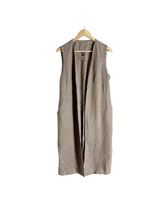Eleventy Jackets & Blazers - Eleventy Brown Linen Sleeveless Open Front Long Duster Trench Vest Size 10